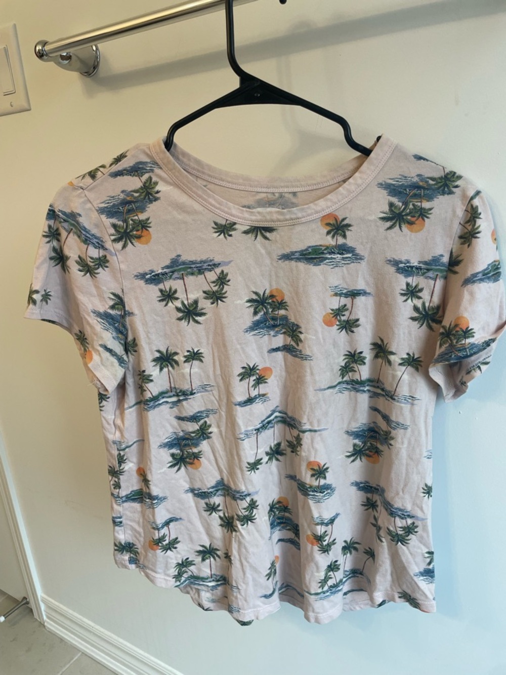 Vintage Palm Tree Print T-Shirt in Light Pink and Green